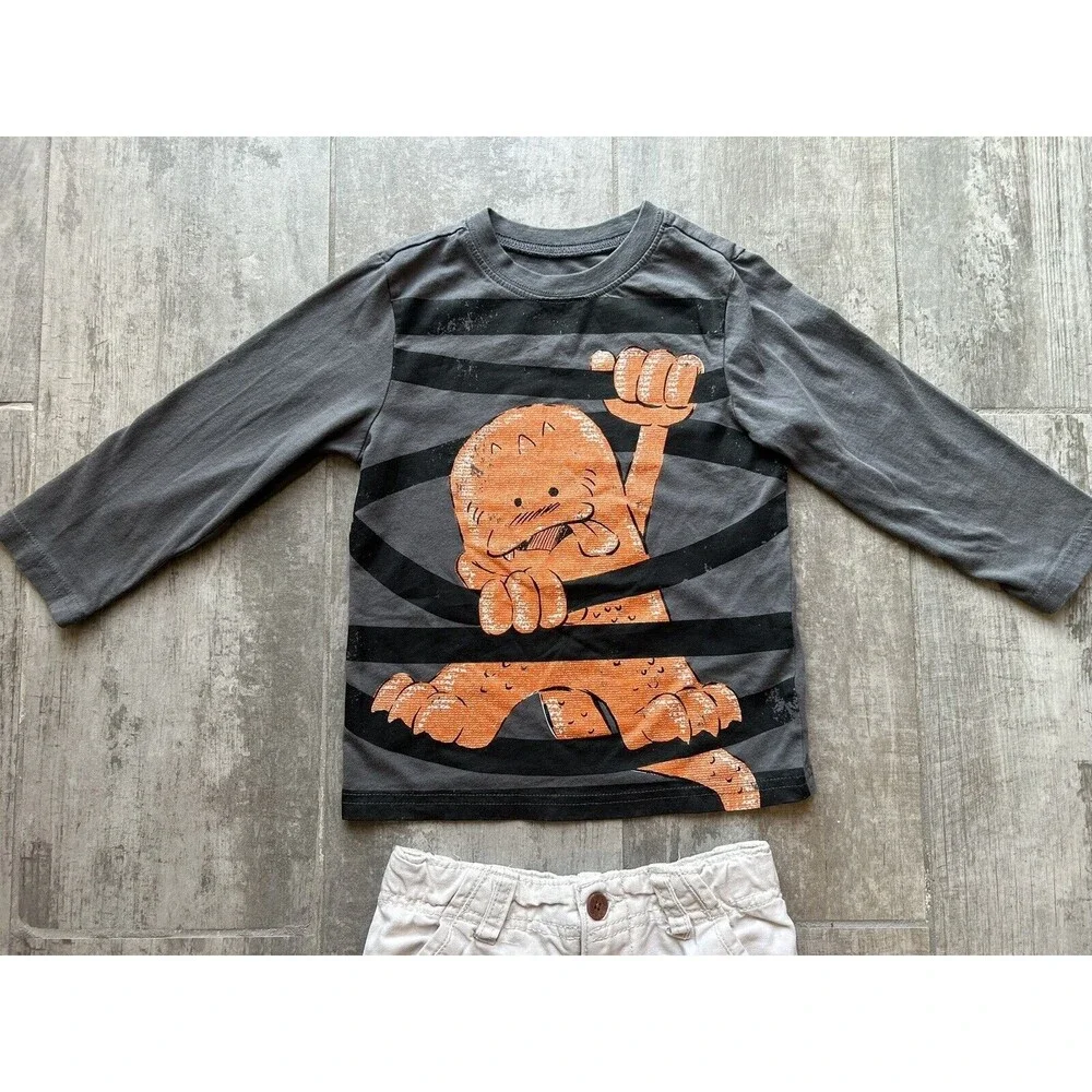 Toddler Boy 2 Piece Outfit Set Tan Khaki Cargo Shorts Long Sleeve T-Shirt Tee 3T